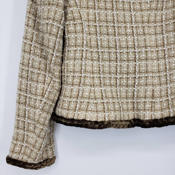 Y2K Allen by Allen Schwartz Tweed Blazer Jacket 8 Velvet Trim Vintage Tan Brown - Picture 7 of 9